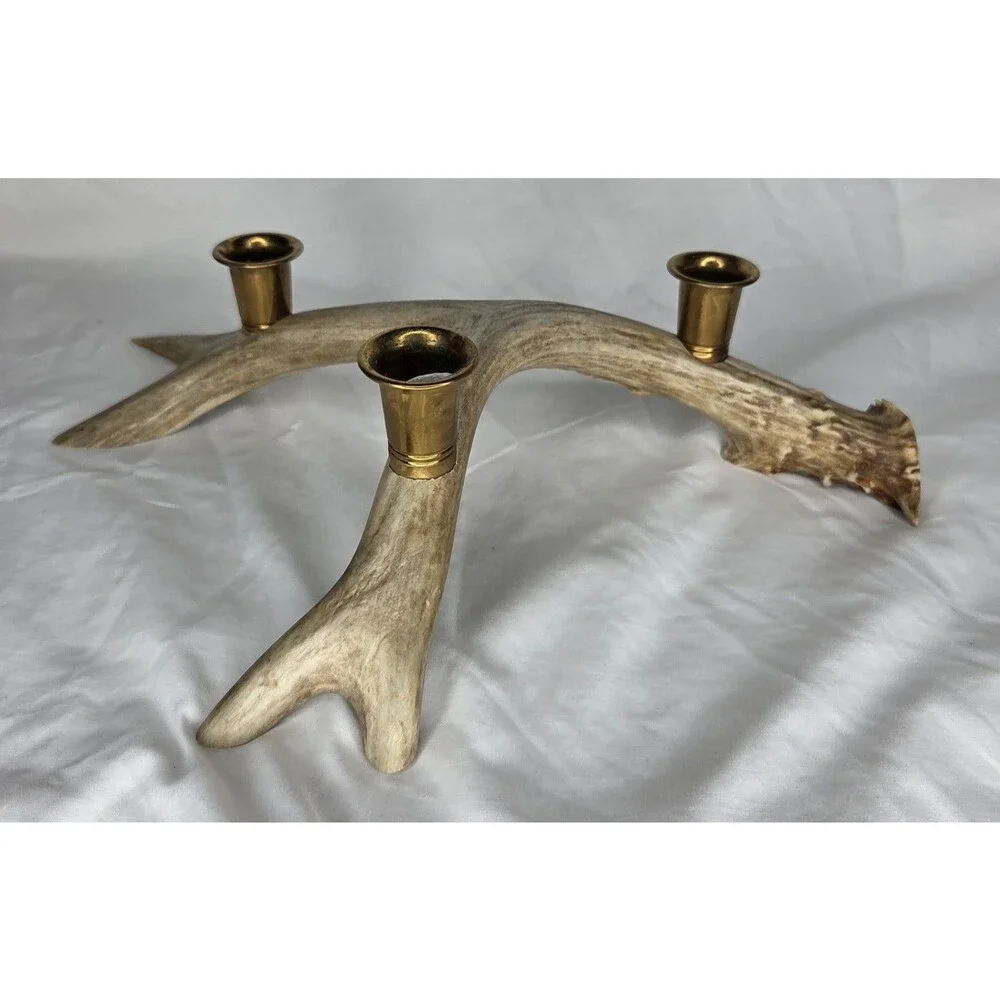 Vtg Genuine Rocky Mountain 4-Point Deer Antler Candle Holder Shed Lodge Cabin